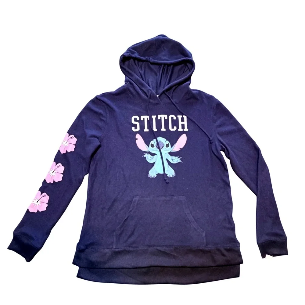 Disney Stitch Navy Blue Lightweight Hoodie Hibiscus Sleeve Womens M NEW - Picture 2 of 10